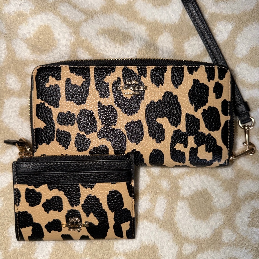 Coach Tan and Black Leopard Print Wallet Set